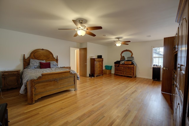 bedroom featuring ceiling fan and light wood-type flooring