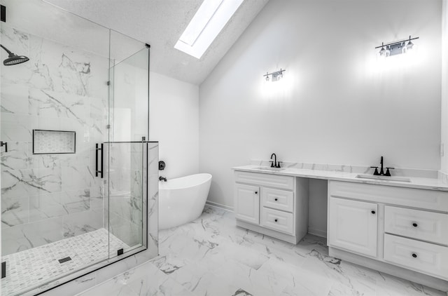 bathroom featuring vanity, lofted ceiling with skylight, and shower with separate bathtub