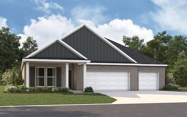 view of front facade with concrete driveway, an attached garage, brick siding, and board and batten siding