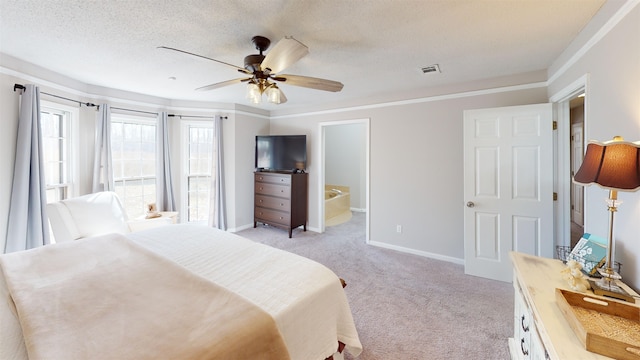 carpeted bedroom with ceiling fan, crown molding, connected bathroom, and a textured ceiling