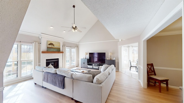 living room with a wealth of natural light, high vaulted ceiling, a textured ceiling, and light wood-type flooring