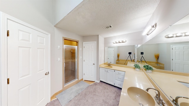 bathroom with vanity, a textured ceiling, and walk in shower