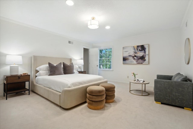 bedroom featuring light carpet and crown molding