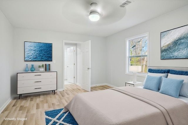 bedroom featuring ceiling fan and light hardwood / wood-style flooring