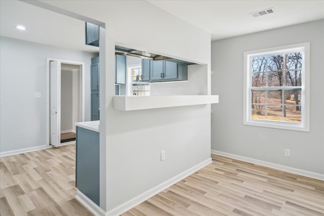 kitchen featuring kitchen peninsula and light hardwood / wood-style floors