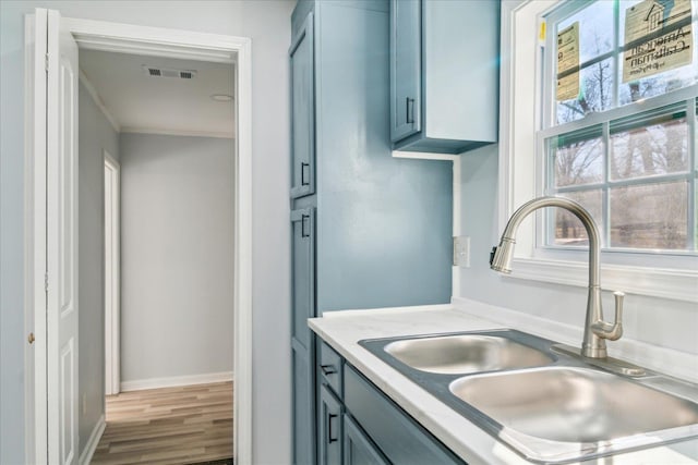 kitchen with ornamental molding, sink, and hardwood / wood-style floors