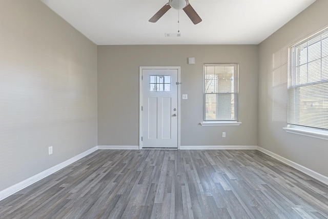 entryway featuring hardwood / wood-style floors and ceiling fan