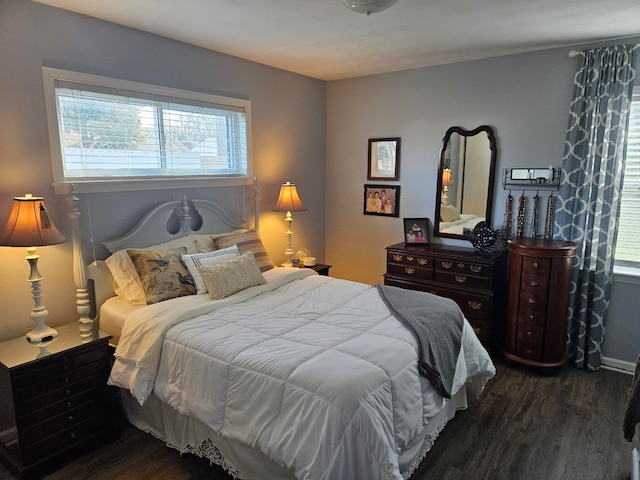 bedroom featuring multiple windows and dark hardwood / wood-style flooring