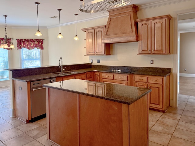 kitchen featuring dishwasher, sink, kitchen peninsula, custom range hood, and black electric cooktop