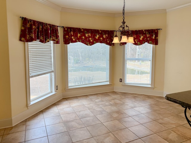 unfurnished dining area featuring ornamental molding, light tile patterned flooring, and an inviting chandelier