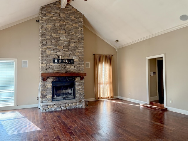 unfurnished living room with hardwood / wood-style flooring, crown molding, high vaulted ceiling, and a fireplace