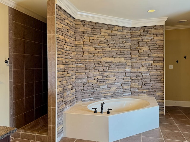 bathroom featuring crown molding, independent shower and bath, and tile patterned flooring