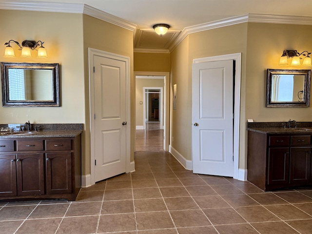 bathroom featuring ornamental molding, tile patterned floors, and vanity