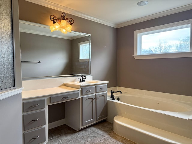 bathroom featuring ornamental molding, a bath, and vanity