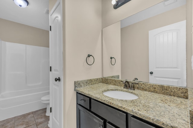 full bath featuring visible vents, toilet, vanity, tile patterned flooring, and shower / bathtub combination