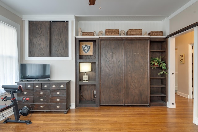 interior space with ceiling fan, ornamental molding, and light wood-type flooring