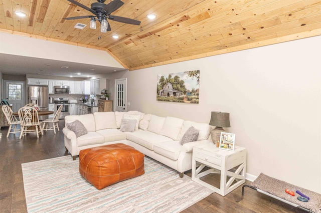 living room featuring lofted ceiling, dark hardwood / wood-style flooring, wooden ceiling, and ceiling fan