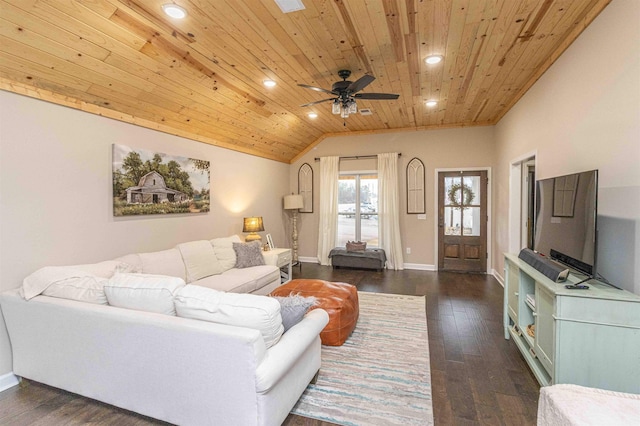 living room with vaulted ceiling, dark hardwood / wood-style floors, ceiling fan, and wood ceiling