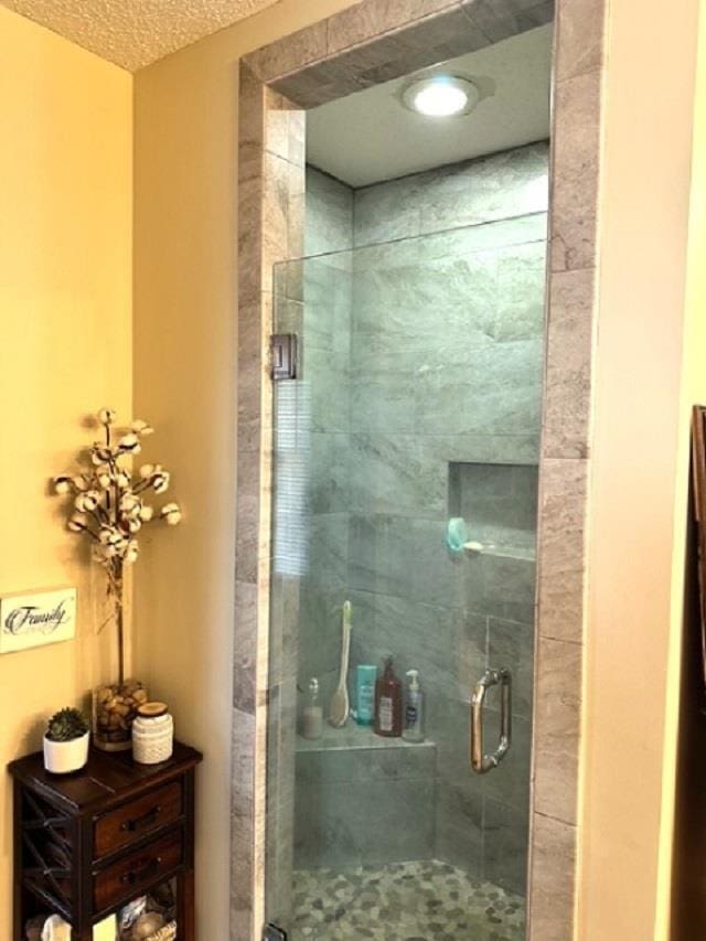 bathroom featuring a shower with shower door