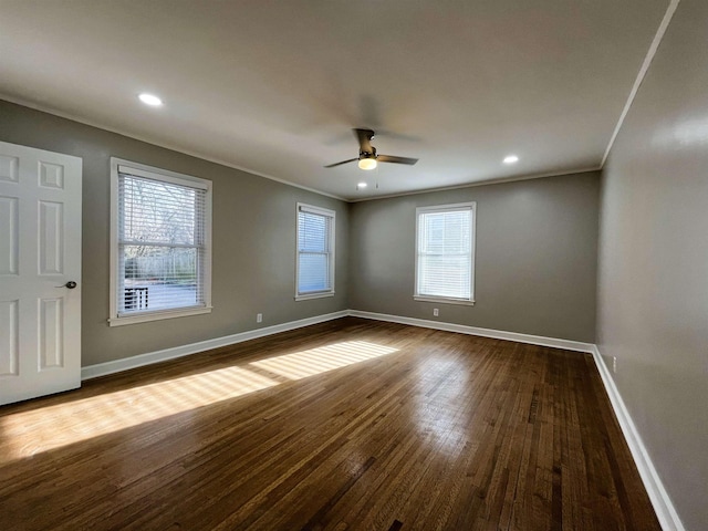 unfurnished room featuring ornamental molding, hardwood / wood-style floors, and ceiling fan