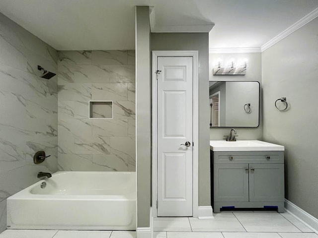 bathroom with ornamental molding, tiled shower / bath combo, and vanity