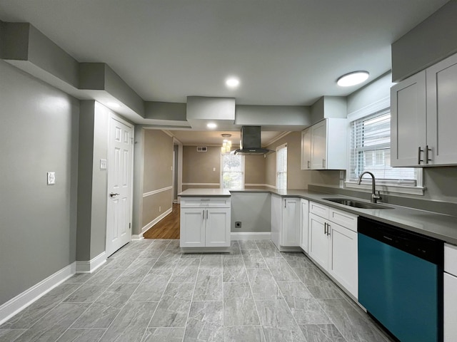 kitchen with extractor fan, sink, stainless steel dishwasher, kitchen peninsula, and white cabinets