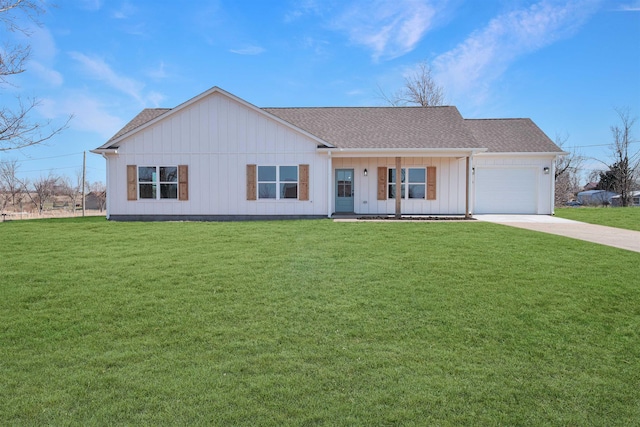 ranch-style house featuring a garage, covered porch, and a front lawn