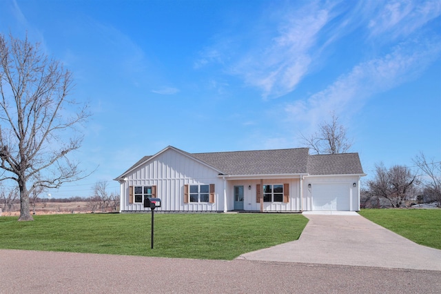 ranch-style house with a garage and a front yard