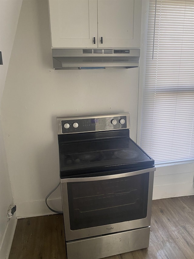 details featuring wood-type flooring and stainless steel range with electric stovetop