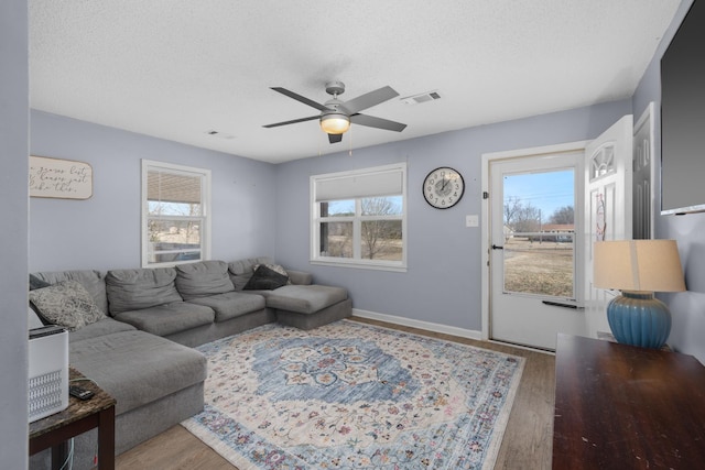 living room with hardwood / wood-style flooring, ceiling fan, a textured ceiling, and a wealth of natural light