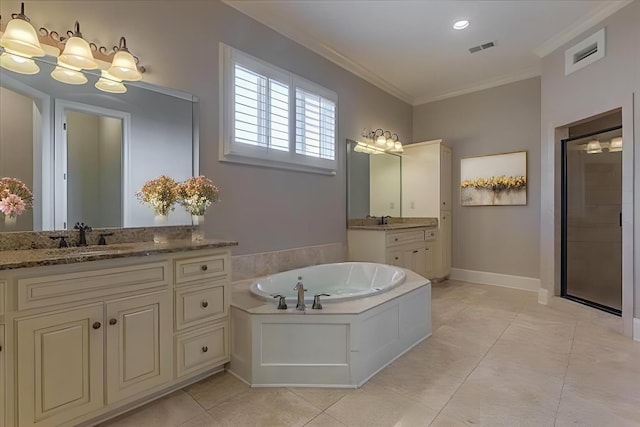 bathroom with tile patterned flooring, crown molding, vanity, and plus walk in shower