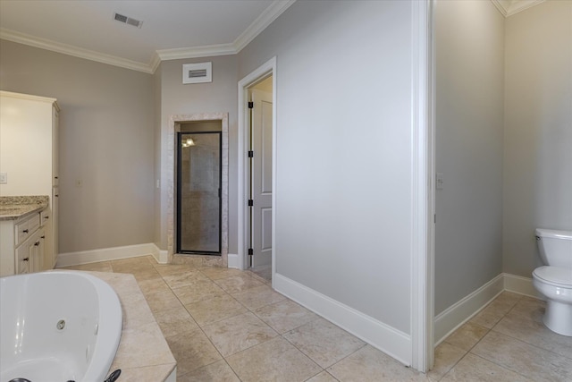 full bathroom with plus walk in shower, ornamental molding, vanity, toilet, and tile patterned floors