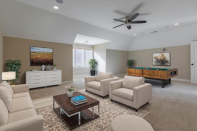 living room with lofted ceiling, light colored carpet, ceiling fan, and billiards