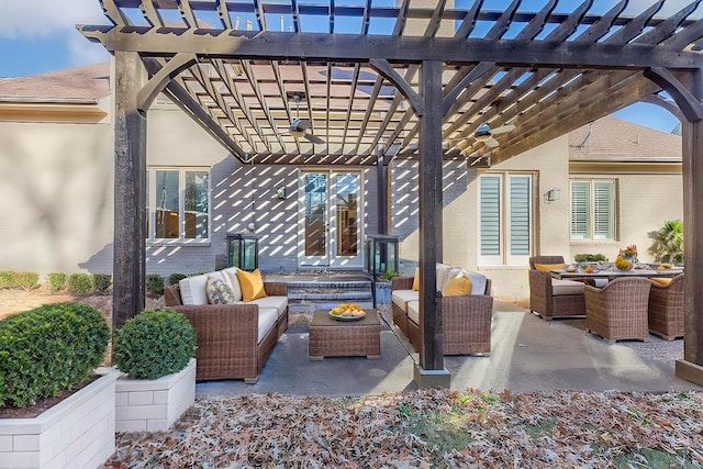 view of patio / terrace with an outdoor living space and a pergola