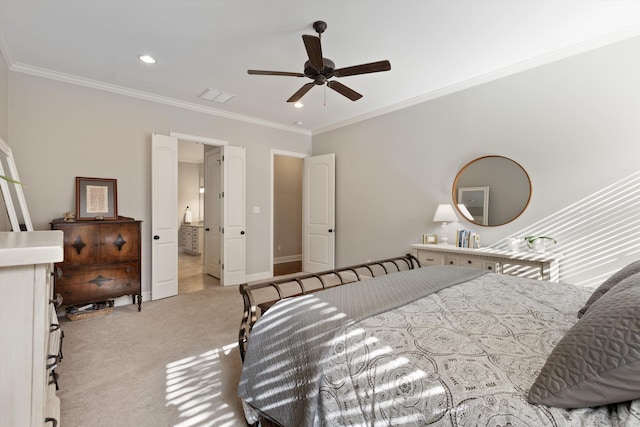 bedroom featuring ornamental molding, light carpet, and ceiling fan