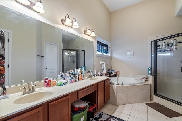 bathroom featuring vanity, plus walk in shower, and tile patterned flooring