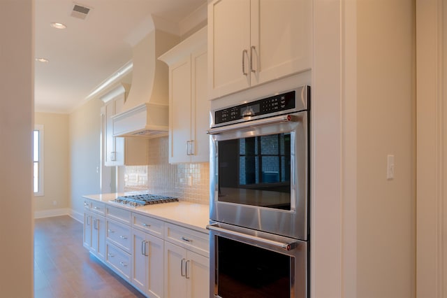 kitchen featuring white cabinetry, crown molding, custom range hood, stainless steel appliances, and backsplash