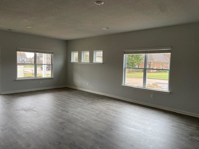 spare room featuring a healthy amount of sunlight, a textured ceiling, and dark hardwood / wood-style flooring