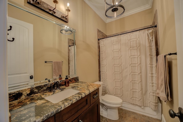 full bathroom featuring ornamental molding, shower / bath combo, vanity, and toilet