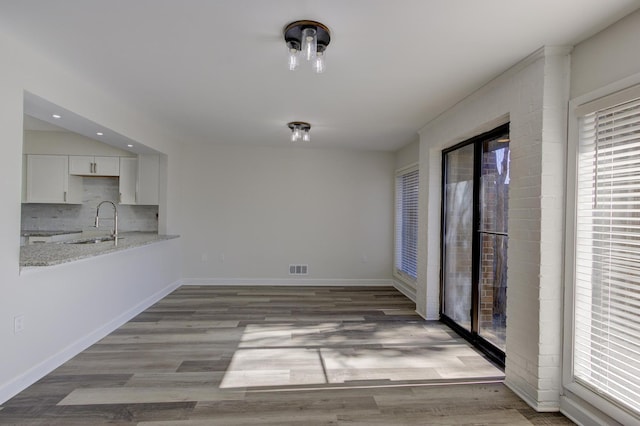 unfurnished dining area featuring sink and hardwood / wood-style floors