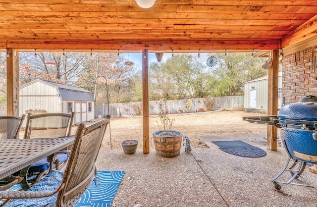 view of patio / terrace featuring a storage shed