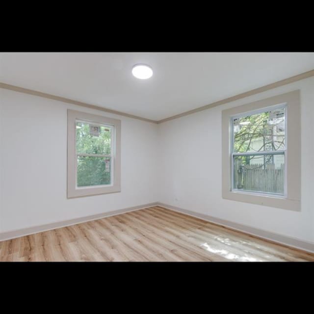 unfurnished room with ornamental molding and light hardwood / wood-style flooring