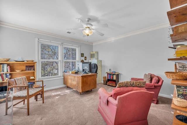 home office featuring crown molding, light colored carpet, and ceiling fan