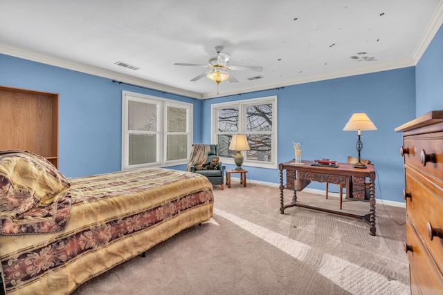 carpeted bedroom with crown molding