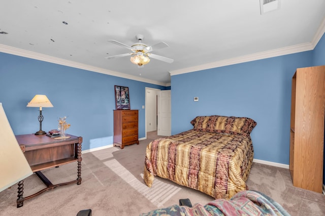 bedroom featuring crown molding, light colored carpet, and ceiling fan