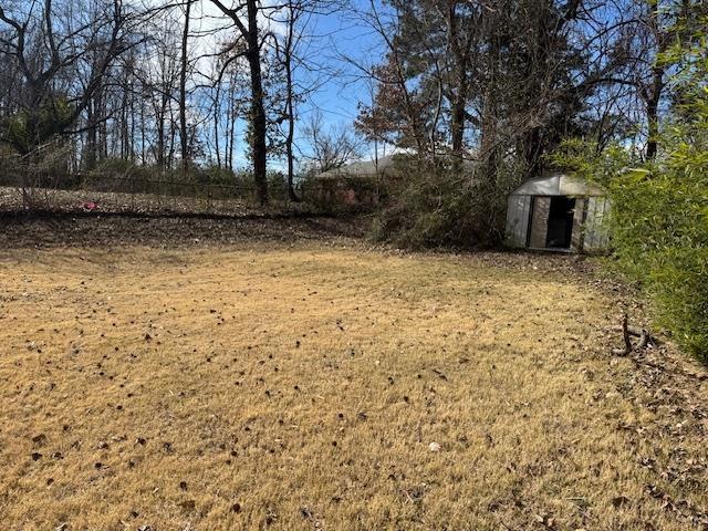 view of yard featuring a storage shed