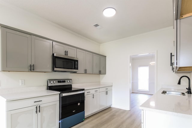 kitchen featuring crown molding, stainless steel appliances, gray cabinets, and sink