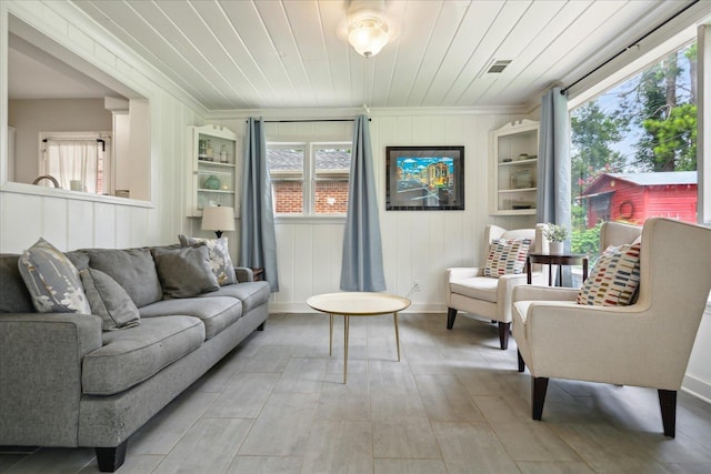 living room with wood ceiling