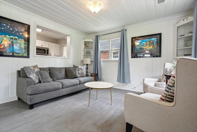 living room with wooden ceiling