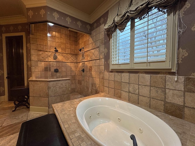 bathroom featuring independent shower and bath and crown molding